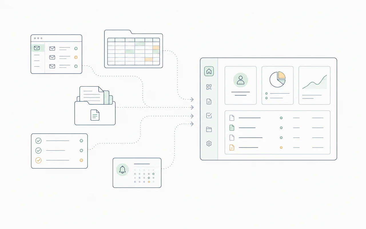 Illustration of SMSF administration fragmented across inboxes, documents, and tools